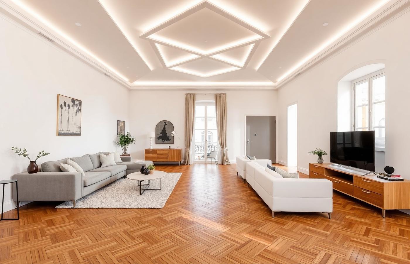 Sala remodelada com teto desenhado em pladur